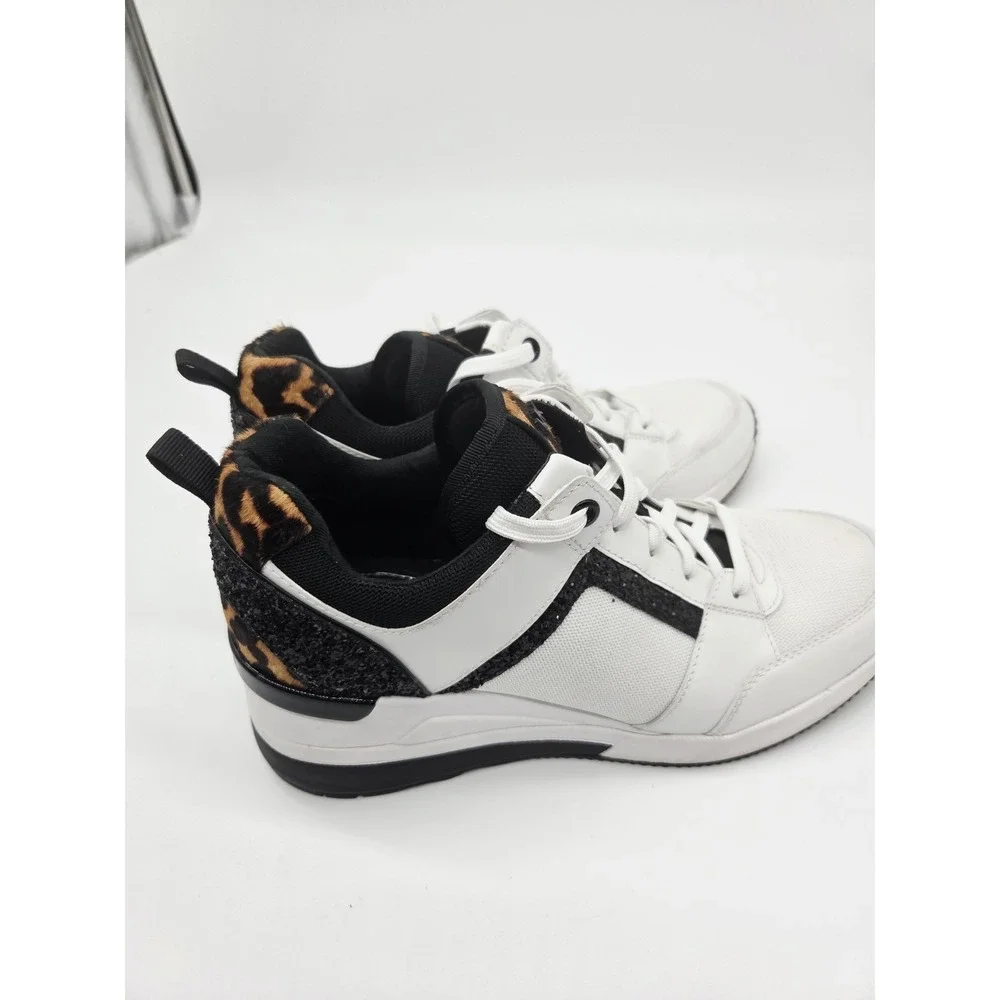 Michael Kors White Cheetah Knit Trainer Black Size 9M Black Leather Wedge‎ Shoes